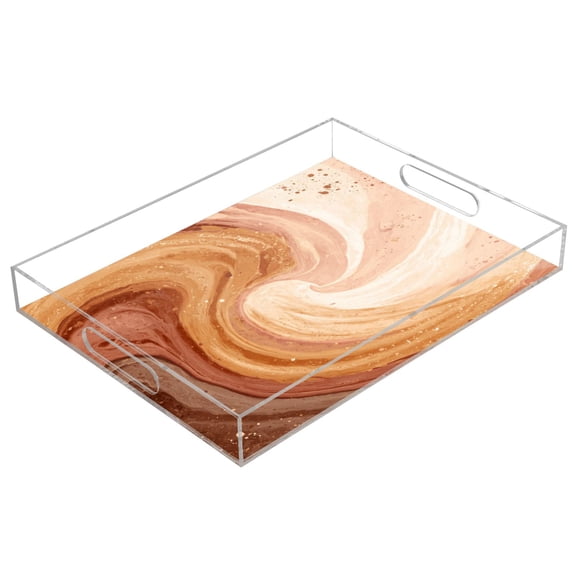 Acrylic Tray Clear Serving Tray Rectangle Decorative Tray with Cut Handle Brown and Peach Swirling