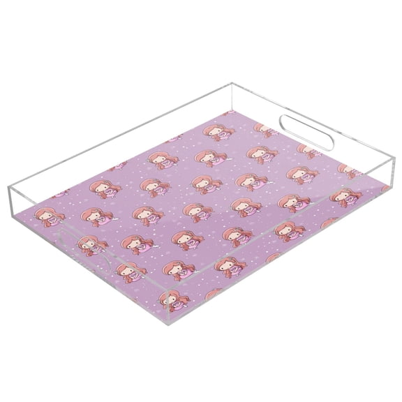 Acrylic Tray Clear Serving Tray Rectangle Decorative Tray with Cut Handle Cartoon Mermaid Pattern