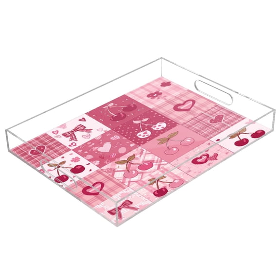 Acrylic Tray Clear Serving Tray Rectangle Decorative Tray with Cut Handle Cherry Pattern with Bows