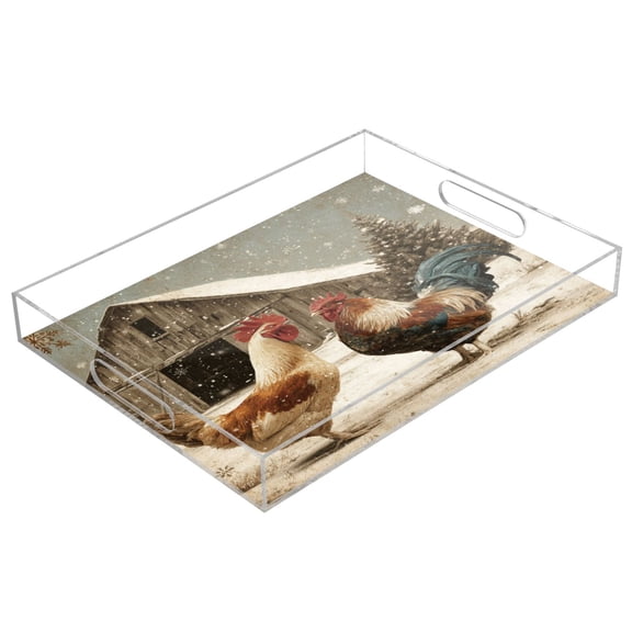 Acrylic Tray Clear Serving Tray Rectangle Decorative Tray with Cut Handle Chicken and Rooster