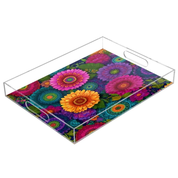 Acrylic Tray Clear Serving Tray Rectangle Decorative Tray with Cut Handle Colorful Blooming Flowers