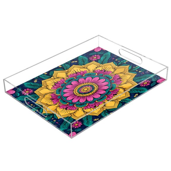 Acrylic Tray Clear Serving Tray Rectangle Decorative Tray with Cut Handle Colorful Pattern Background Design