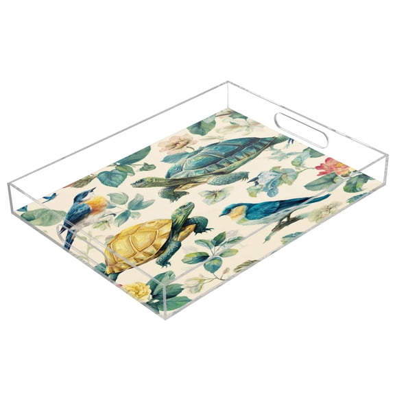 Acrylic Tray Clear Serving Tray Rectangle Decorative Tray with Cut Handle Colorful Turtles and Birds Pattern
