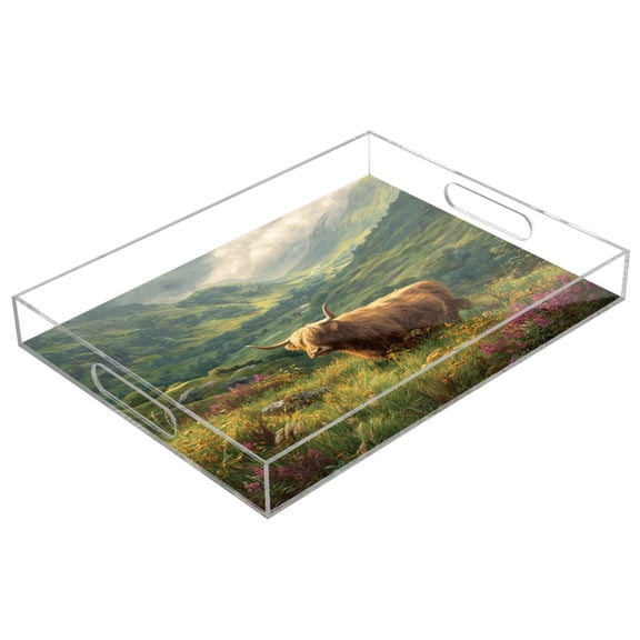 Acrylic Tray Clear Serving Tray Rectangle Decorative Tray with Cut Handle Cow in Green Rolling Hills