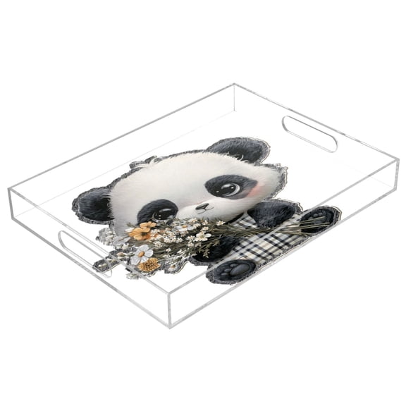 Acrylic Tray Clear Serving Tray Rectangle Decorative Tray with Cut Handle Cute Big-eyed Panda