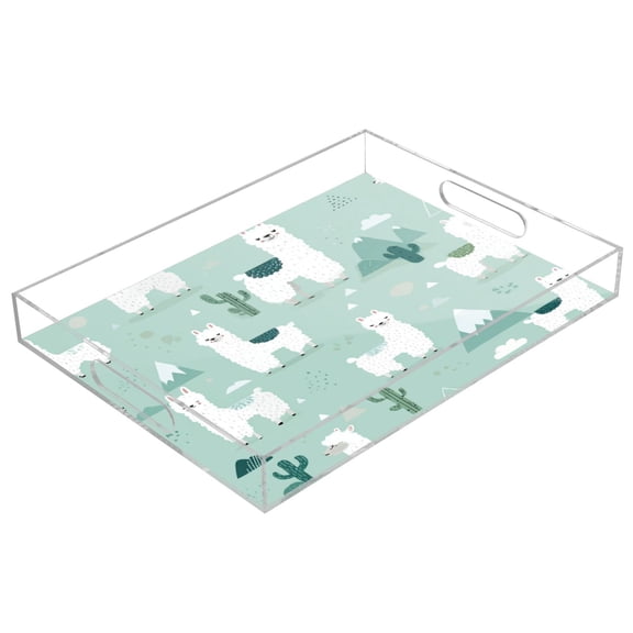Acrylic Tray Clear Serving Tray Rectangle Decorative Tray with Cut Handle Cute Cartoon Llama Pattern
