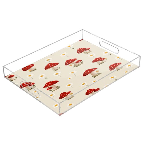 Acrylic Tray Clear Serving Tray Rectangle Decorative Tray with Cut Handle Cute Mushroom Pattern with Daisies