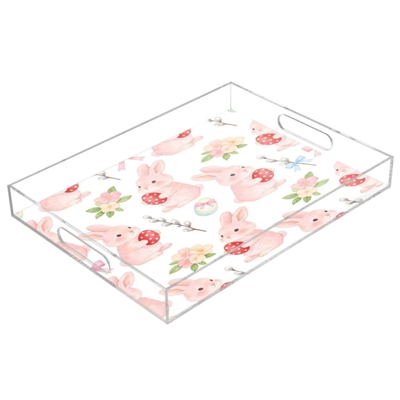 Acrylic Tray Clear Serving Tray Rectangle Decorative Tray with Cut Handle Cute Pink Bunny Pattern