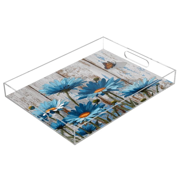 Acrylic Tray Clear Serving Tray Rectangle Decorative Tray with Cut Handle Cyan Daisy Flowers