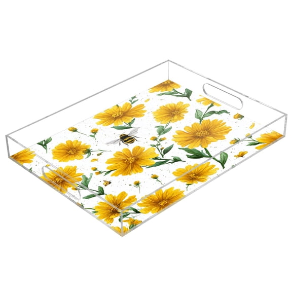 Acrylic Tray Clear Serving Tray Rectangle Decorative Tray with Cut Handle Daisies and Bees Pattern