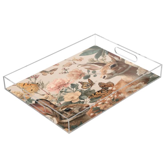 Acrylic Tray Clear Serving Tray Rectangle Decorative Tray with Cut Handle Deer and Butterflies Pattern