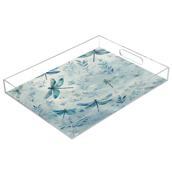 Acrylic Tray Clear Serving Tray Rectangle Decorative Tray with Cut Handle Delicate Dragonflies Pattern