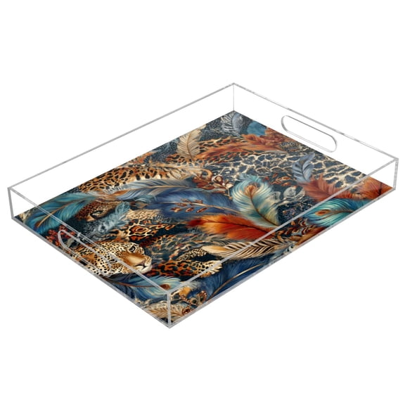 Acrylic Tray Clear Serving Tray Rectangle Decorative Tray with Cut Handle Feathers and Leopard Print