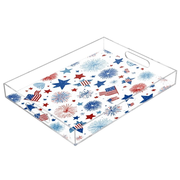 Acrylic Tray Clear Serving Tray Rectangle Decorative Tray with Cut Handle Fireworks and Flag