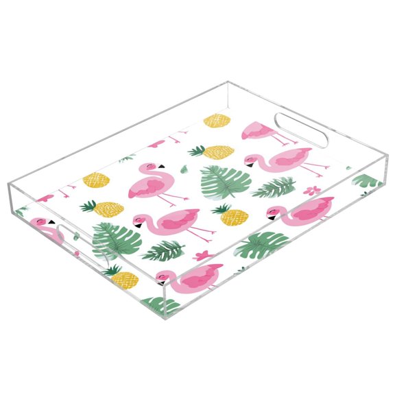 Acrylic Tray Clear Serving Tray Rectangle Decorative Tray with Cut Handle Flamingo and Pineapple Pattern