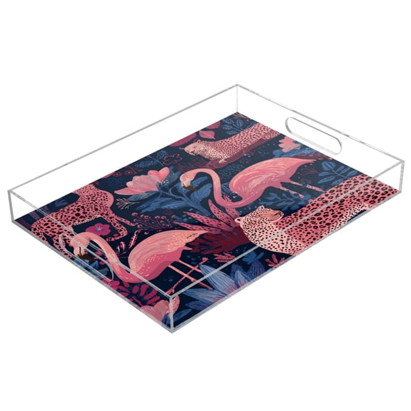 Acrylic Tray Clear Serving Tray Rectangle Decorative Tray with Cut Handle Flamingos and Leopard Print