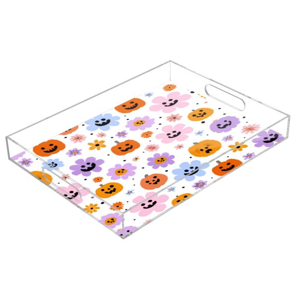 Acrylic Tray Clear Serving Tray Rectangle Decorative Tray with Cut Handle Flowers and Smiling Pumpkins