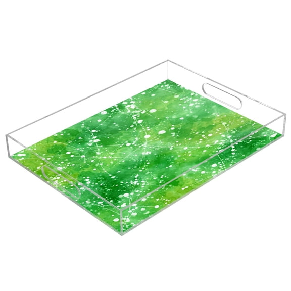Acrylic Tray Clear Serving Tray Rectangle Decorative Tray with Cut Handle Green Ink Splatter Pattern