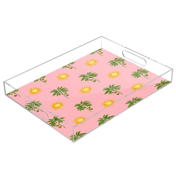 Acrylic Tray Clear Serving Tray Rectangle Decorative Tray with Cut Handle Green Palm Tree Pattern