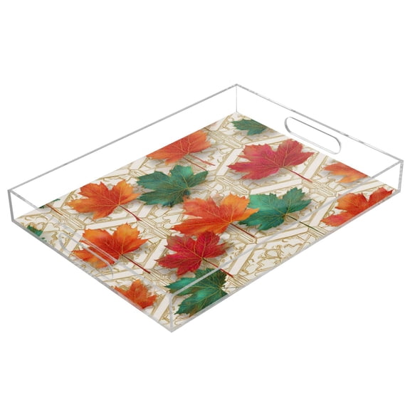 Acrylic Tray Clear Serving Tray Rectangle Decorative Tray with Cut Handle Green and Red Maple Leaves