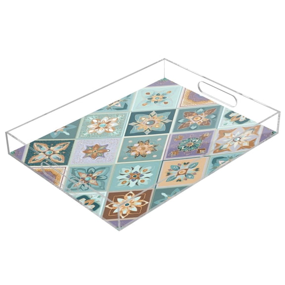 Acrylic Tray Clear Serving Tray Rectangle Decorative Tray with Cut Handle Intricate Blue Shape