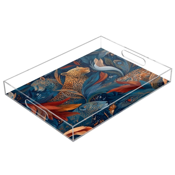 Acrylic Tray Clear Serving Tray Rectangle Decorative Tray with Cut Handle Leopard and Flying Feathers