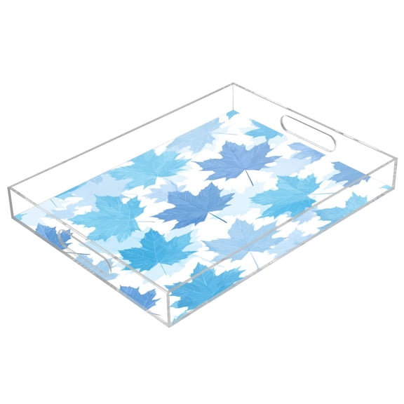 Acrylic Tray Clear Serving Tray Rectangle Decorative Tray with Cut Handle Light Blue Maple Leaves