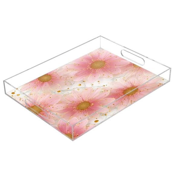 Acrylic Tray Clear Serving Tray Rectangle Decorative Tray with Cut Handle Light Pink Daisies