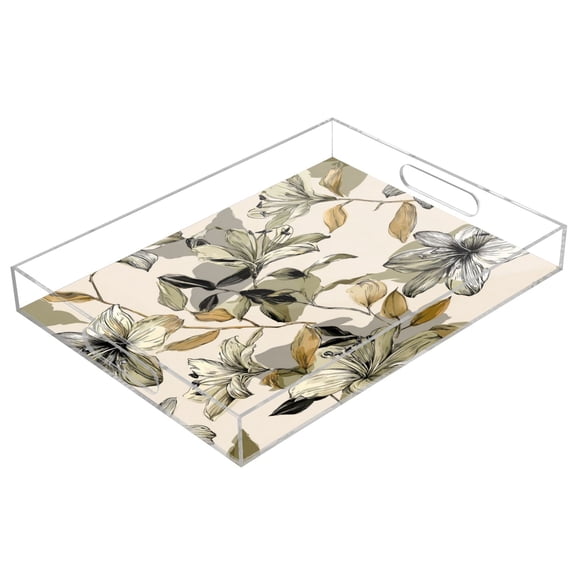 Acrylic Tray Clear Serving Tray Rectangle Decorative Tray with Cut Handle Lily Motifs Pattern