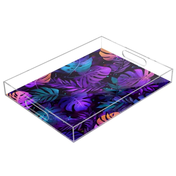 Acrylic Tray Clear Serving Tray Rectangle Decorative Tray with Cut Handle Neon Palm Leaves Pattern