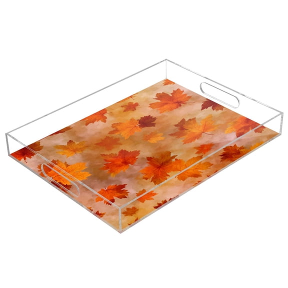 Acrylic Tray Clear Serving Tray Rectangle Decorative Tray with Cut Handle Orange and Brown Autumn Leaves