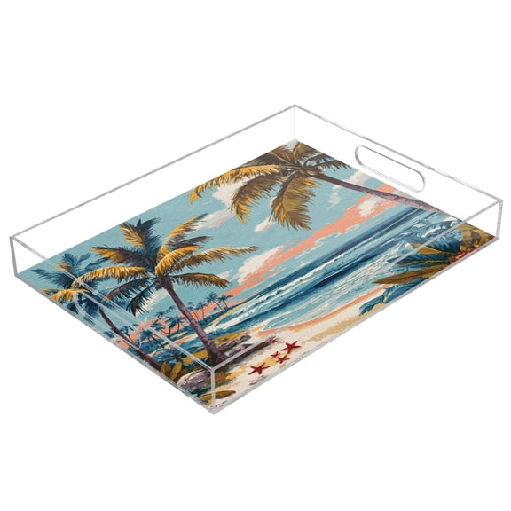 Acrylic Tray Clear Serving Tray Rectangle Decorative Tray with Cut Handle Palm Trees and Beaches