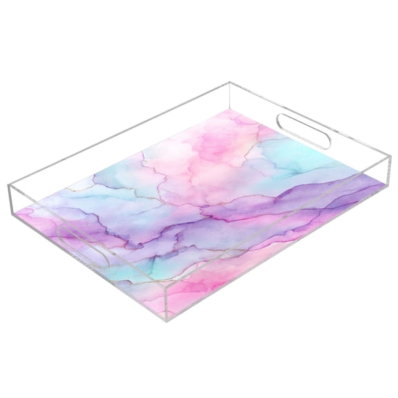 Acrylic Tray Clear Serving Tray Rectangle Decorative Tray with Cut Handle Pastel Pink Marble Texture