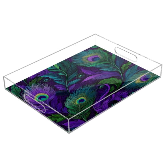 Acrylic Tray Clear Serving Tray Rectangle Decorative Tray with Cut Handle Peacock Feathers Pattern