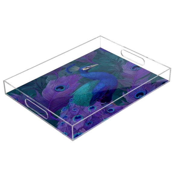 Acrylic Tray Clear Serving Tray Rectangle Decorative Tray with Cut Handle Peacock Pattern