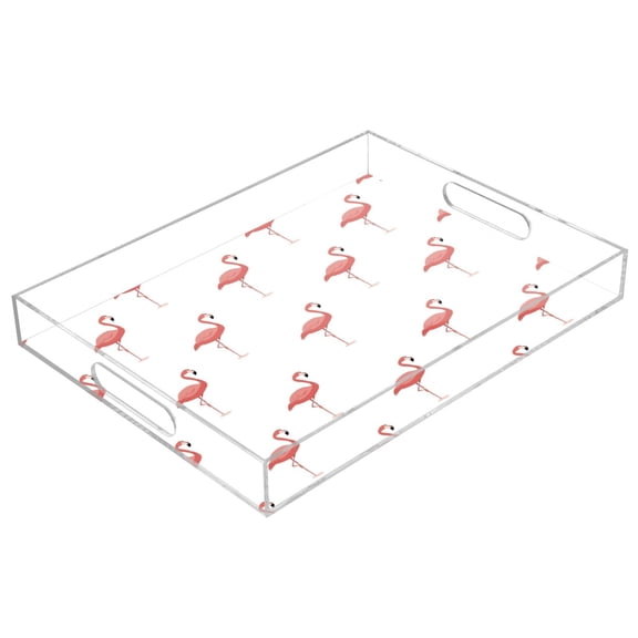 Acrylic Tray Clear Serving Tray Rectangle Decorative Tray with Cut Handle Pink Flamingo Pattern