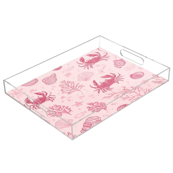 Acrylic Tray Clear Serving Tray Rectangle Decorative Tray with Cut Handle Pink Line Art Sea Life Pattern