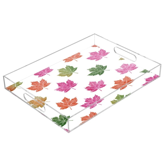 Acrylic Tray Clear Serving Tray Rectangle Decorative Tray with Cut Handle Pink Maple Leaf