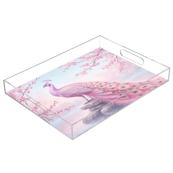 Acrylic Tray Clear Serving Tray Rectangle Decorative Tray with Cut Handle Pink Peacock