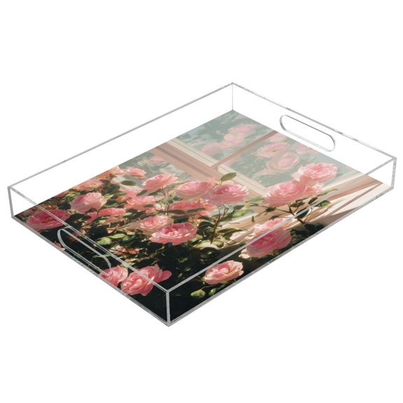 Acrylic Tray Clear Serving Tray Rectangle Decorative Tray with Cut Handle Pink Rose Bushes