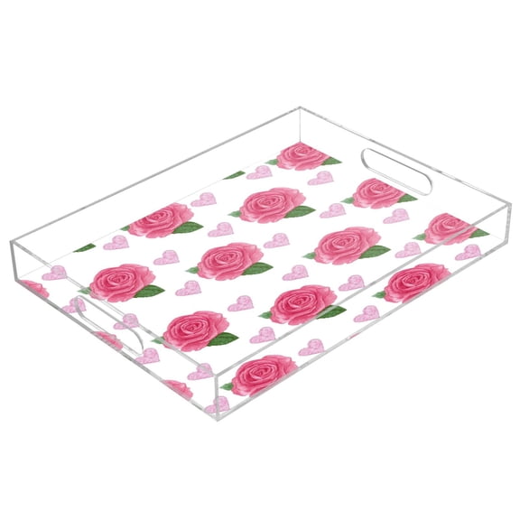 Acrylic Tray Clear Serving Tray Rectangle Decorative Tray with Cut Handle Pink Roses and Red Hearts