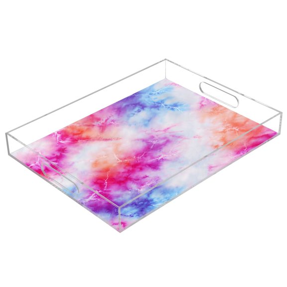 Acrylic Tray Clear Serving Tray Rectangle Decorative Tray with Cut Handle Pink and Blue Tie-dye Pattern