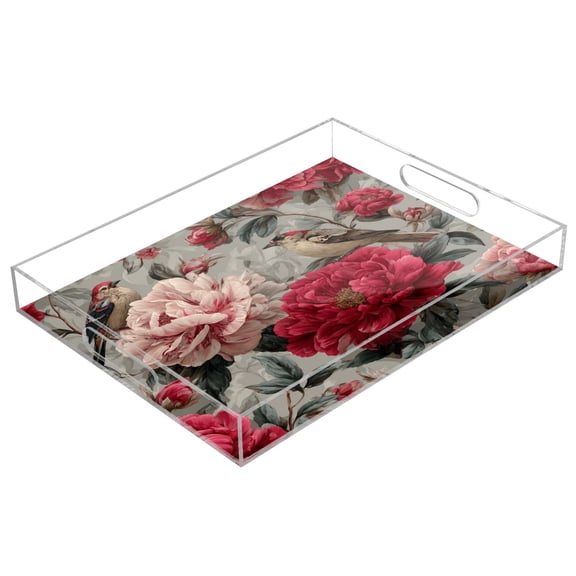 Acrylic Tray Clear Serving Tray Rectangle Decorative Tray with Cut Handle Pink and Red Peonies