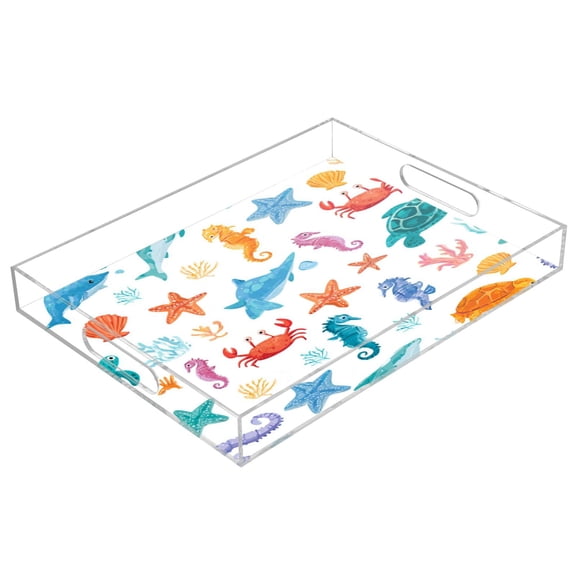 Acrylic Tray Clear Serving Tray Rectangle Decorative Tray with Cut Handle Playful Sea Animals Pattern