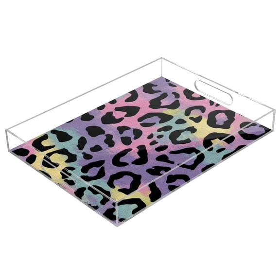 Acrylic Tray Clear Serving Tray Rectangle Decorative Tray with Cut Handle Rainbow Colors Leopard Print