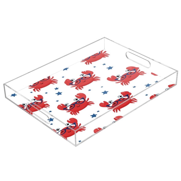 Acrylic Tray Clear Serving Tray Rectangle Decorative Tray with Cut Handle Red Crabs Pattern