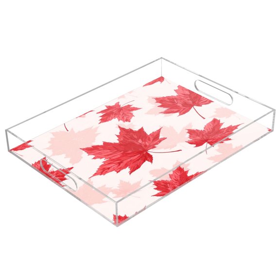 Acrylic Tray Clear Serving Tray Rectangle Decorative Tray with Cut Handle Red Maple Leaves Pattern