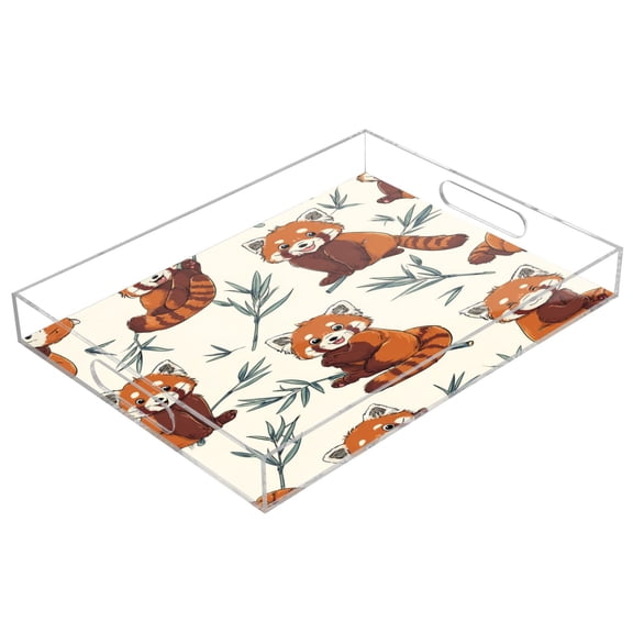 Acrylic Tray Clear Serving Tray Rectangle Decorative Tray with Cut Handle Red Panda Pattern