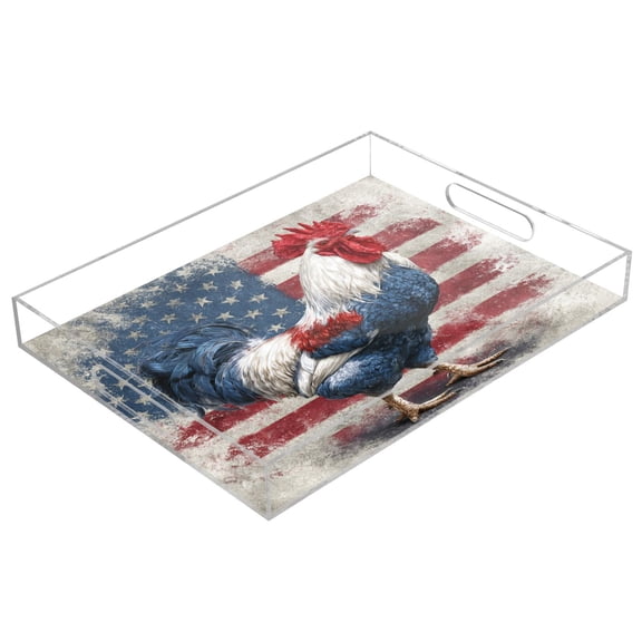 Acrylic Tray Clear Serving Tray Rectangle Decorative Tray with Cut Handle Red White and Blue Rooster