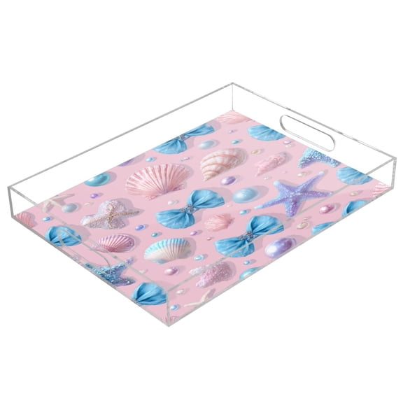 Acrylic Tray Clear Serving Tray Rectangle Decorative Tray with Cut Handle Seashells and Bows